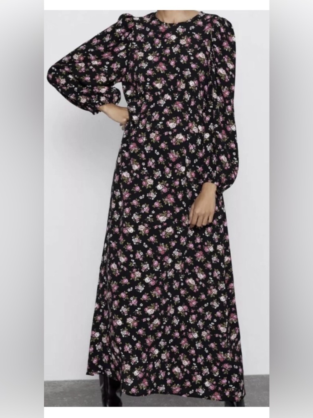 Zara Black Maxi Dress with Pink Floral Print